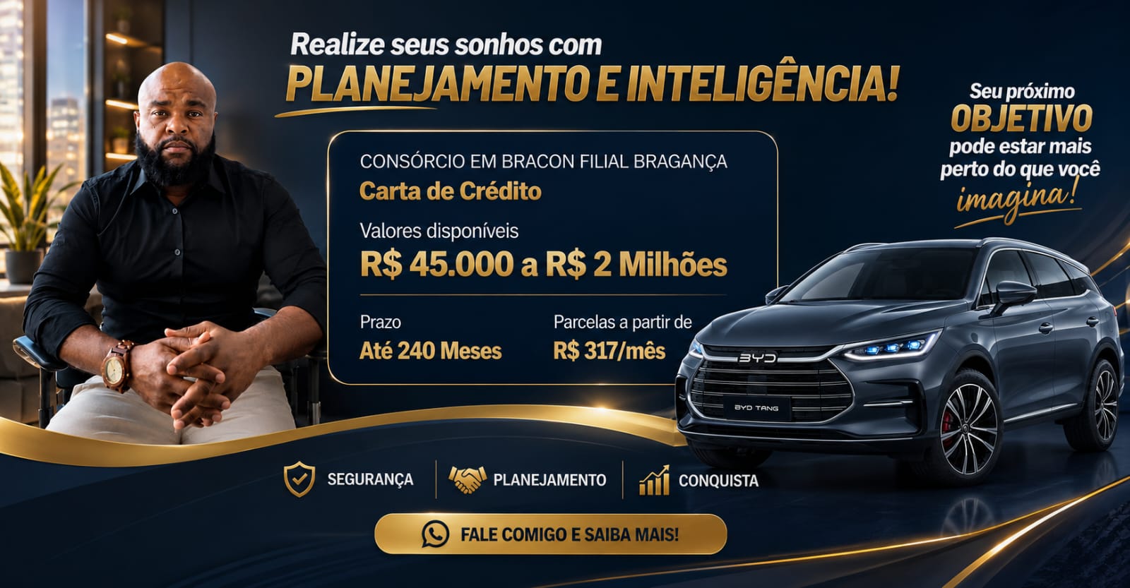 Consórcio Embracon Filial Bragança Paulista — Carta de Crédito de R$ 45.000 a R$ 2 Milhões, prazo até 240 meses, parcelas a partir de R$ 317 por mês. Fale com o consultor Guilherme Bispo.